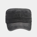 Close-up of washed cotton texture and bronze button detail on a charcoal military cap - Black