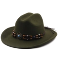 Detail of dark olive wool fedora hat with ethnic beaded band and side feather accent - M (56-58cm) / Dark Olive Green