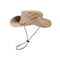 Khaki wide brim sun hat with mountain embroidery and adjustable windproof chin strap - Khaki (Embroidery Style)