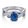 Silver 925 vine leaf ring with oval blue zircon and sparkling white crystals - TL-436 / US Size 8