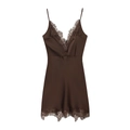 Dunkelbraunes Satin-Unterkleid mit feiner Spitze und V-Ausschnitt in flacher Ansicht - S / Kaffeebraun