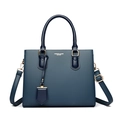 Navy blue genuine leather handbag with gold hardware and three pockets for daily commute - Blue