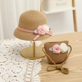 Ensemble chapeau de paille et sac kaki avec fleurs roses pour enfants et femmes - Ensemble / Kaki