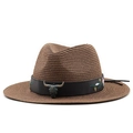 Brown woven Panama straw hat with rivet leather band and vintage bull head ornament - M (56-58cm) / Brown