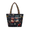 Ethnic blue canvas tote bag featuring embroidered owls with colorful woven handles - Owl With Hat Double Sided
