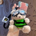 Porte-clés ours en peluche brun avec pull rayé vert et lunettes de protection - Rayures Noir Vert (Sans Étiquette)