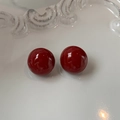 Minimalist deep red glossy sphere earrings on white embossed ceramic plate - Silver Earring Post - Red