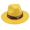 Detail of western fedora hat featuring a leather band with silver bull head emblem - One Size(Adjustable) / Yellow