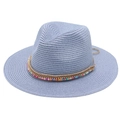 Light blue straw Panama hat with colorful beads and tassels for beach sun protection - One Size / Sky Blue