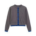 Cárdigan de punto para mujer gris oscuro con cuello redondo y ribetes en azul real - S / Gris