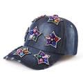 Denim baseball cap with colorful rhinestone star patterns and yellow contrast stitching - Dark Color