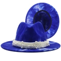 Cappello fedora in lana tie-dye blu e bianco con fascia di perle multistrato - M (56-58cm) / Tie-dye blu e bianco (1)