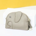 Monedero de elefante en cuero auténtico gris con llavero metálico y textura de grano - Caqui