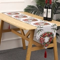 Detail of Christmas table runner with red floral wreath pattern and fringed tassels - Knitted Wreath Style