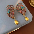 Orecchini vintage a forma di pesce con strass colorati e gemme gialle a goccia - Orecchini a Lobo in Argento-Orecchini a Pesce Koi con Strass Colorati