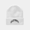 Close-up of white knit beanie featuring black California embroidery on the folded cuff - CAL Letter Embroidery / White