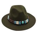 Detail of bohemian turquoise beaded hatband on a vintage dark green felt fedora hat - One Size / Army Green