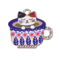 Detail showing colorful enamel tea cup cat pendant for DIY jewelry earring making - Blue