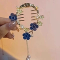 Golden hair clip with blue fabric flowers and elegant pearl tassel pendant - F0404 Gold Blue Plum