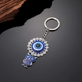 Dettaglio portachiavi gufo con cristalli blu e ciondolo occhio di Allah su metallo - Occhio di Gufo