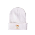 Close-up of Happy Camper sunset embroidery on white knit beanie with ribbed cuff detail - M (56-58cm) / White