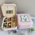 Pink portable travel jewelry box with M letter embroidery and built-in vanity mirror - M / Pink