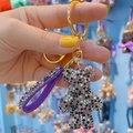 Purple crystal bear keychain with studded rhinestones and luxury leather hand strap - Purple Multi