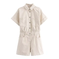 Women's summer short sleeve lapel denim romper in beige with pockets and button front - XS / Top And Bottom / Khaki