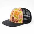 Floral print straw baseball cap with black mesh and crocodile texture brim - Adjustable / Orange Red Floral Black Mesh (Pattern 5)