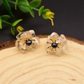 Pink carved flower earrings with black bead center and gold stamens on wood - White Quartz/Resin Petal Studs (Light Pink/Black Center)