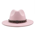 Detail of pink wool fedora hat featuring brown leather band with silver studs and metal buckle - Pink
