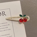 Sparkling cherry hair clip with red faceted stones and pearls on a metal duckbill base - Cherry Pearl Hair Clip