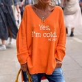 Women's oversized orange V-neck knit sweater with white slogan print in street style - S / Orange