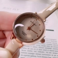Vintage rectangular quartz watch with rose gold case and beige leather strap - Apricot