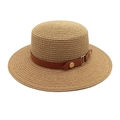 Flat top wide brim straw hat with brown leather band and gold buckle on white background - M (56-58cm) / Khaki