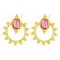 Bohemian gold stainless steel sunburst earrings with pink marble stone inlays - Pink Marble Solar Hoop