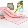 Pink pure cotton hand towel with orange plaid jacquard border and fluffy texture - Weak Twist Plaid Pink / 34*74cm