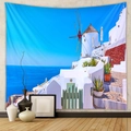 Dettaglio dell'arazzo di Santorini con cupole blu e edifici bianchi su trama di tessuto - 73*95CM / Paesaggio con Mulino a Vento di Santorini (Spazzolato)