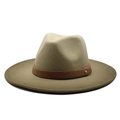 Chapeau fedora classique en feutre kaki à bord large avec ruban cuir brun et rivet doré - M (56-58cm) / Vert Armée/Khaki Clair