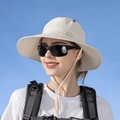 Beige wide brim outdoor sun hat for women with adjustable chin strap and sport logo - Champagne Beige