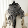 Gray and orange plaid scarf with fringe, soft cashmere-feel wrap for winter warmth - 200x65cm / Gray