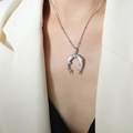 Collana con delfino in acciaio al titanio argento, elegante design a U indossata da modella - Collana a Doppio Pesce (P1719-Colore Acciaio)