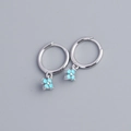 French style S925 sterling silver hoop earrings with blue floral charms and diamonds - Platinum (Turquoise Blue)
