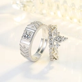 Elegant S925 sterling silver couple ring set featuring crown and square zircon designs - Men's Ring And Women's Ring Couple Rings / Silver