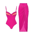 Detail of rose red ruffled one-piece swimsuit and matching high-waisted slit skirt - Y184 Rose Pink Set / S