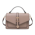 Minimalist beige PU leather square handbag with golden clasp shown in full frontal view - Khaki