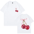 T-shirt in cotone bianco con stampa artistica a fiocco di ciliegia fronte e retro vista - S / Bianco