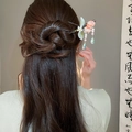 Classic Chinese hairpin with pink flower and pearl tassel in traditional wood style - 153# Orange Green (Retro Flower Tassel)