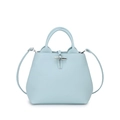 Himmelblaue Lederbeuteltasche mit silbernem Bambusknebel und doppelten Zylindergriffen - Groß / Blau