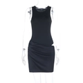 Detailed view of the sleek black sleeveless mini dress with cut-out satin finish fabric - S / Black
